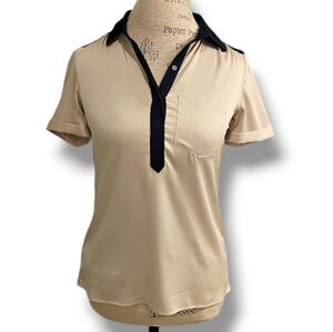 Ann Taylor Champagne And Navy Blue Trim Pullover Short Sleeve Blouse - Size XS
